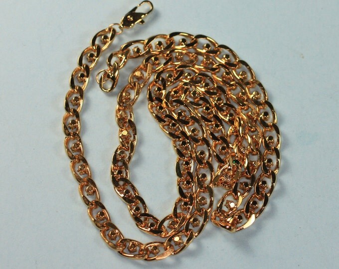 Green and Clear Rhinestone Necklace Curb Link Chain Gold Tone Vintage