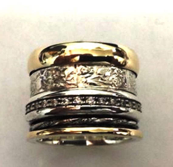 Arabesque spinning ring silver 9 ct gold . Floral spinner meditation ring