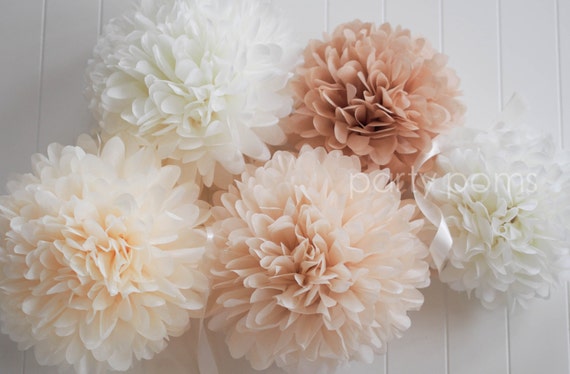 Neutrals .. 5 tissue paper pom poms .. wedding decoration / nursery room decor