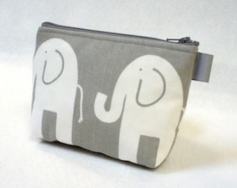 Elephant Fabric Gadget Pouch Cosmetic Bag Zipper Pouch Makeup Bag Cotton Zip Pouch Gray White MTO
