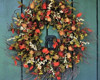 Fall Wreath, Pumpkin Spice - Chinese Lantern and Berry Wreath, Fall Leaves, Autumn Wreath, Harvest Wreath, Fall Decor, Front Door Wreath