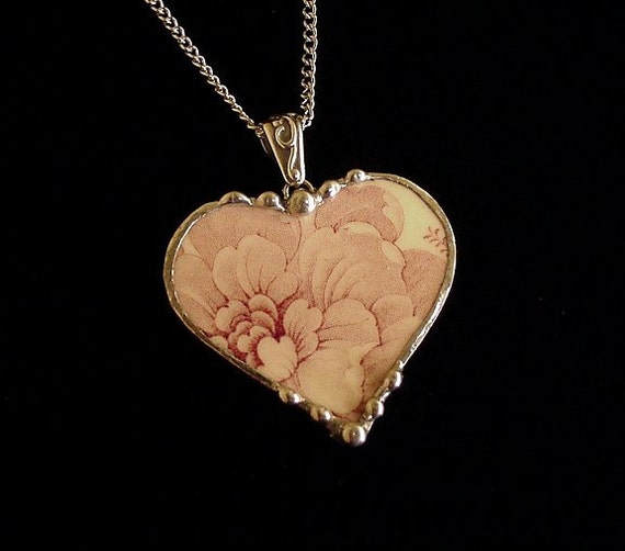 Broken china jewelry heart pendant necklace antique cranberry English transferware