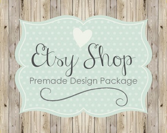 Etsy Shop Banner Avatar Set, Etsy Cover Shop Icon, Premade Logo Etsy Design Package, Wood Country Chic, Teal Polka Dot Design, Rustic Banner