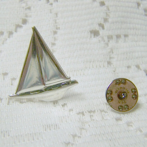 Silver Sailboat Tie Tack- Blazer Lapel Pin - Complimentary USA 