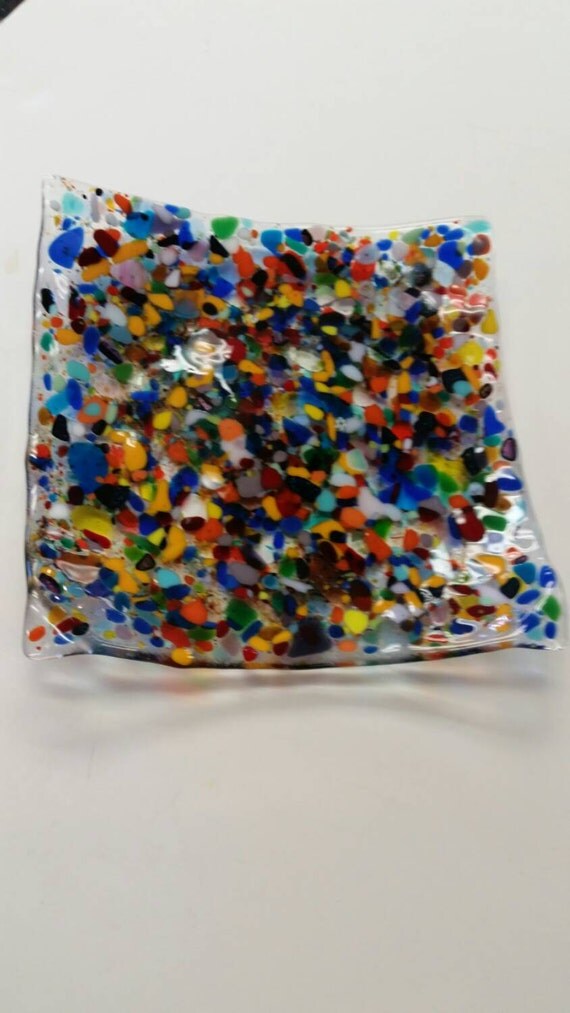 Confetti multi color fused glass dish plate by sherrylee16 on Etsy