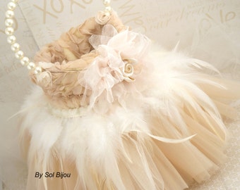 Flower Girl Basket, Tutu Basket,Champagne, Cream, Tan, Gold, Ivory, Vintage Style, Elegant Wedding, Feathers, Gatsby, Tulle Skirt