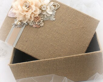 Keepsake Box, Rustic Wedding, Blush, Ivory, Tan, Beige, Champagne, Program Box, Burlap Box, Brooch, Linen, Crystals, Pearls, Vintage Style