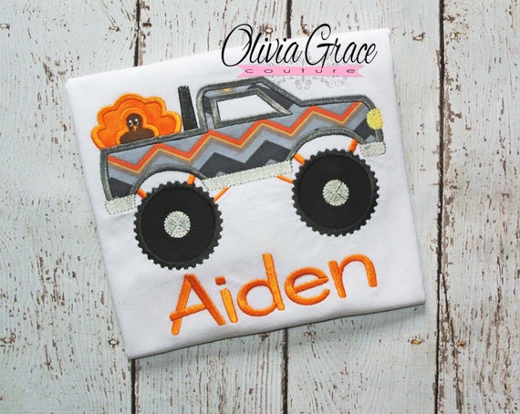 Thanksgiving Shirt, Monster Truck with Turkey Shirt, Thanksgiving Embroidered Applique Shirt or Bodysuit for boys or girls Il_570xn