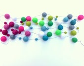 Party Felt Ball Garland  - felt ball garland of pinks blues greens - rose aqua chartreuse grey white  -7.5 ft long 57 felt balls