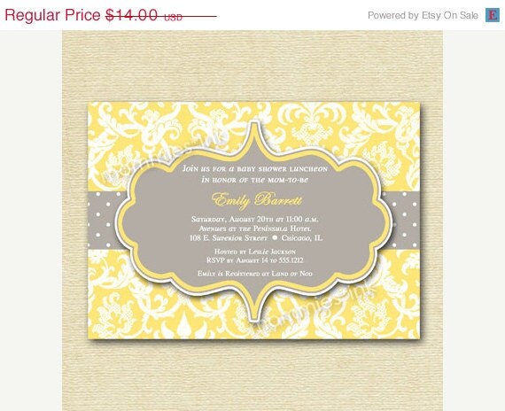 CHRISTMAS IN JULY Yellow and Gray Damask Baby Shower Invitation - Printable Invitation Design Il_570xn