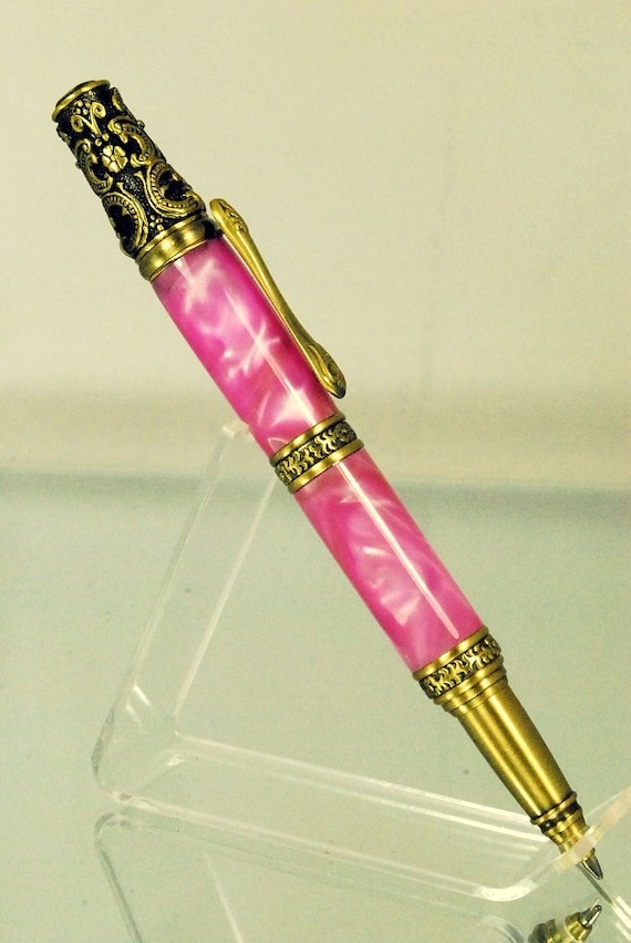 Steampunk Baroque Victoriana Handmade Custom Twist Ballpoint Pen, Pink Silk Acrylic with Antique Brass trim, ASH Woodshops Christmas