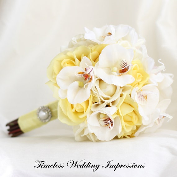 Yellow Wedding Bouquet Orchids Roses Bridal Silk Flowers Real Touch Pearl Brooch