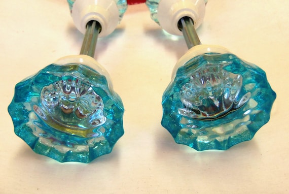 2 Aqua Aquamarine Crystal Doorknob Set Handpainted Glass 2 Inch Knobs White Hardware