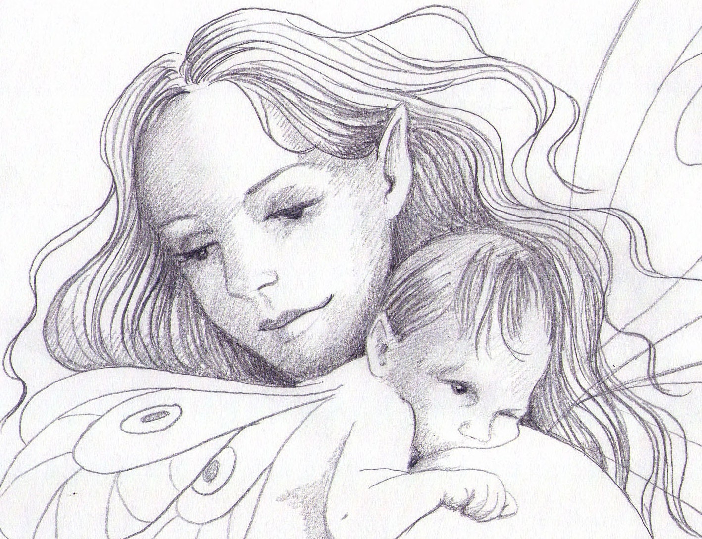 Mother and Daughter Fairy ORIGINAL Pencil Drawing Newborn Baby
