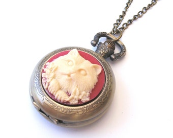 Cat Necklace, Cat Pocketwatch Necklace, Cat Watch Necklace, Red Cat Cameo Necklace