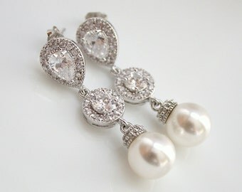 Bridal Earrings Pearl Crystal Wedding Jewelry Cubic Zirconia Pearl Earrings Crystal Wedding Earrings Bridal Pearl Jewelry, Chloe