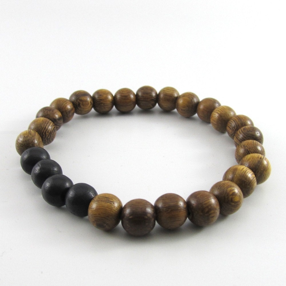 Mens brown robles and black wooden beaded stretch bracelet