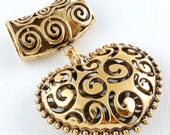 Scarf Pendant - Antique Gold Filgree Heart Scarf Jewelry