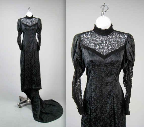 1910s macabre black silk gown with a train antique Victorian