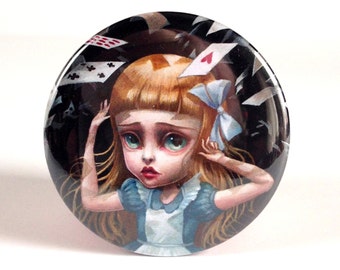 Pretty Pocket Mirror - Alice in the Shower of Cards - Alice in Wonderland pocket mirror - by Mab Graves