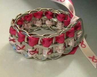Recycled Soda Pop Can Tab Bracelet Pink Ribbon Breast Cancer Awareness