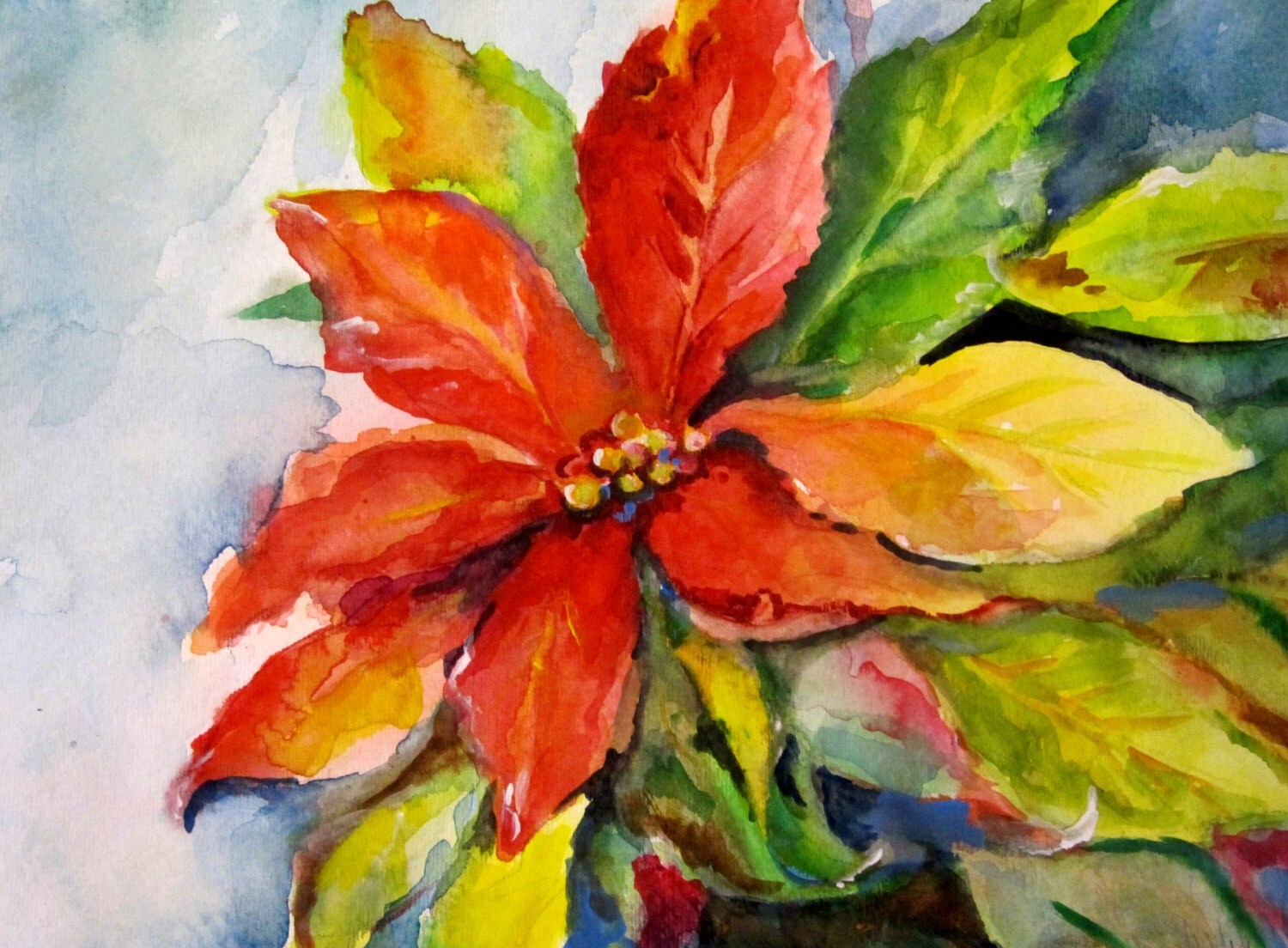 Items similar to Poinsettia original watercolor Christmas flower