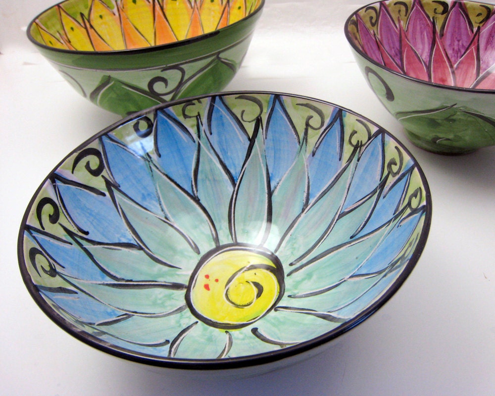 Ceramic Serving Bowl Blue Lotus Flower Clay Majolica Pottery