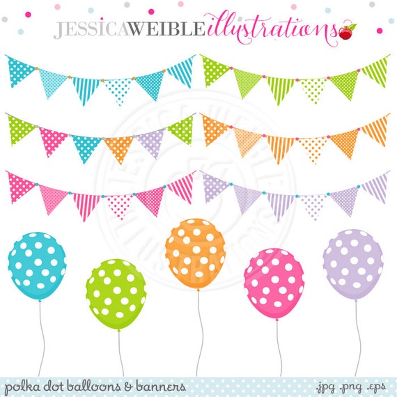 Polka Dot Balloons & Banners Cute Digital Clipart, Bunting Clipart, Balloon Clip art, Birthday Party Clip art, Flag Bunting Graphics, Multi Il_570xn