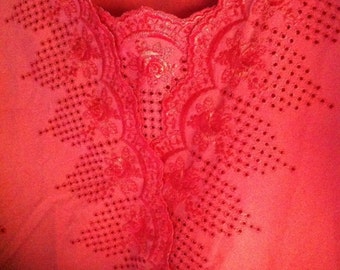 Sale Vintage Coral Pink/Red Broderie Anglaise Cut Out Eyelet floral rose Top Blouse