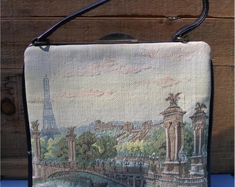Made in France Purse, PARIS VIEW TAPESTRY, May Co-D & F Denver, Leather, One Handle, Vintage Women's Handbag