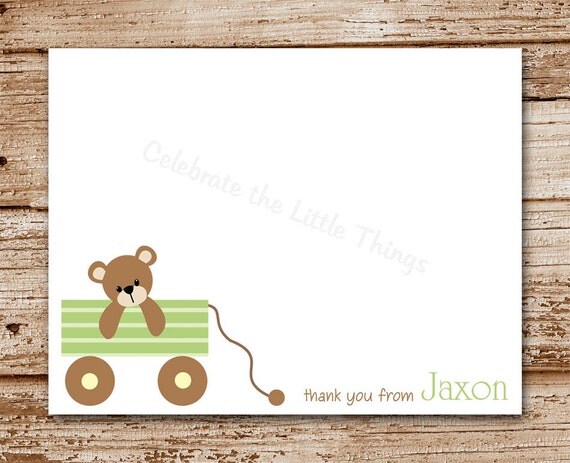 Set of 8 Baby Thank You Cards | Teddy Bear Wagon | Personalized Stationery | Note Cards | Green Il_570xn