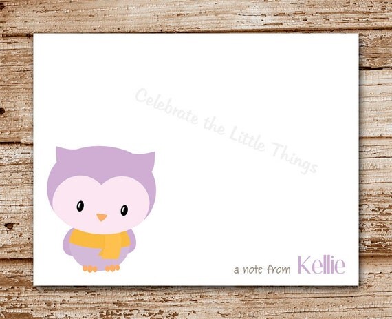 Set of 8 Owl Note Cards, Notecards for Girls | Personalized Stationery | Lavender Owl, Bird Il_570xn
