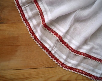 white cotton scarf with beaded edging, red, crochet with beads, vintage
