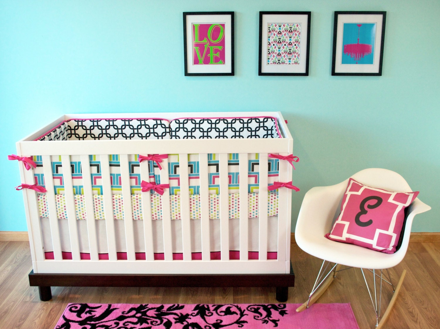 Crib Bedding Girl Nursery Baby Bedding Aqua Pink Lime Green