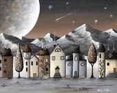 Moon over Coffeeville - Original acrylic painting  - 8 x 10 Canvas Board - Terraced Row Houses Lollipop Trees Shooting Star Mountains House