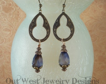 Gemstone Earrings - Faceted Blue and Brown Agate - Brass Findings