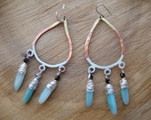 Textured Copper Teardrop Earrings with Sterling Silver wrapped Amazonite & Black/Silver Glass Beads