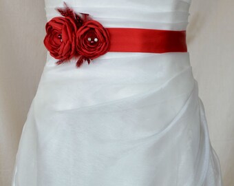 Handcraft Hot Red Two Flowers With Feathers Wedding Bridal Sash Belt
