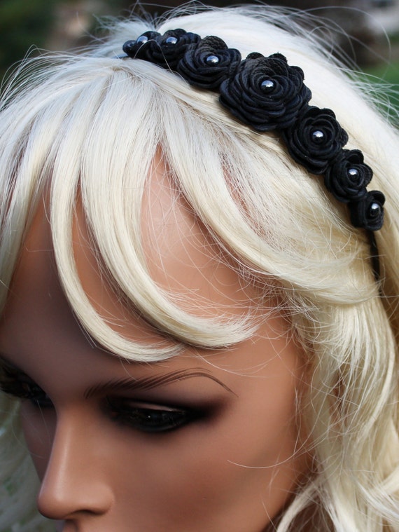 Black flower headband leather roses on black metal hairband