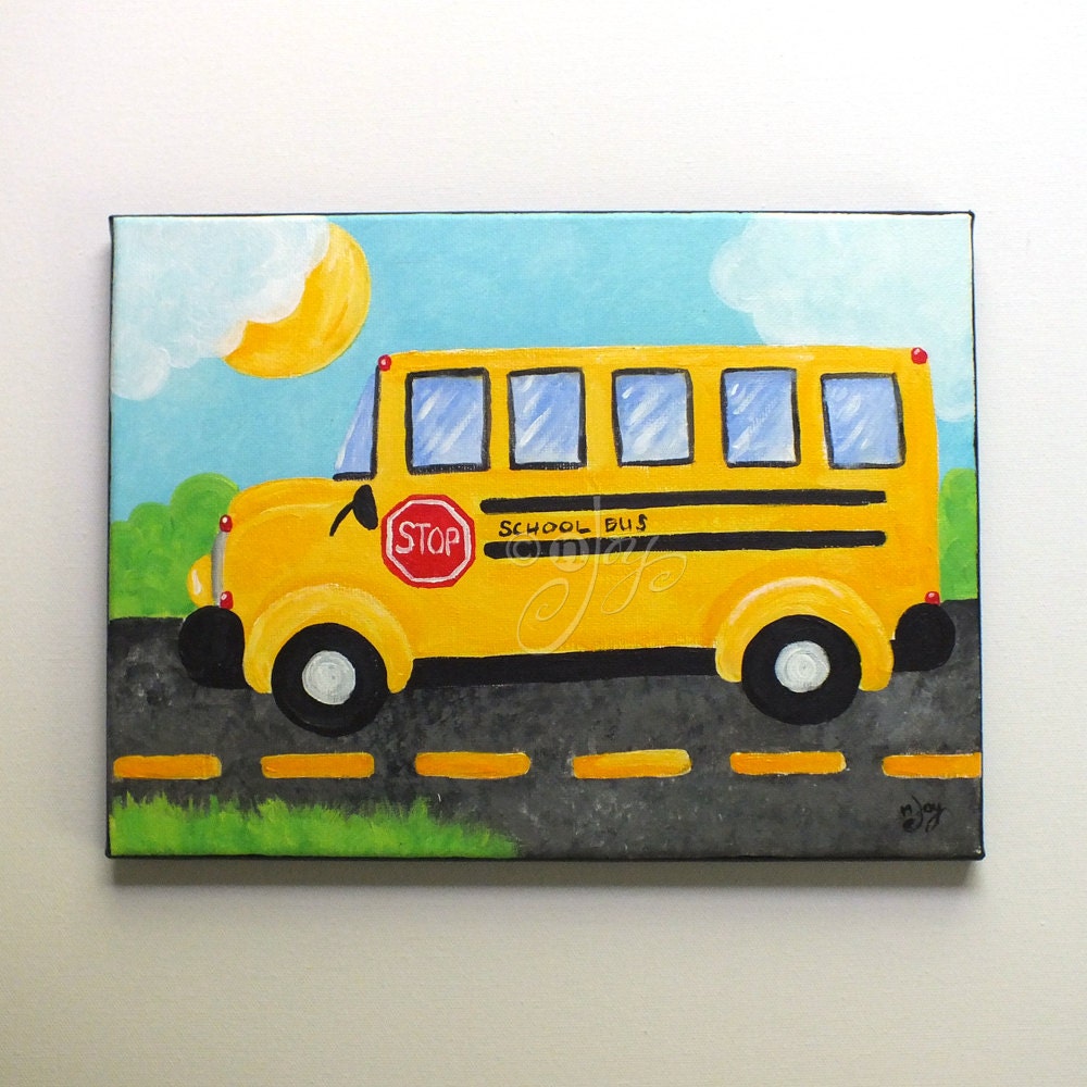 School Bus 9x12 Acrylic Canvas Painting Boys Room by nJoyArt