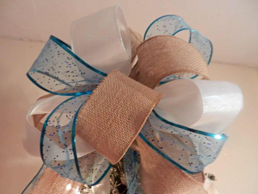 Large Natural Burlap, teal glitter and white shimmery Ribbons, Christmas Tree Topper Bow