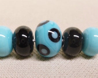 Handmade Lampwork Beads, Small Hole Beads, Blue and Black Mix, Set of 5, 3/32" Hole