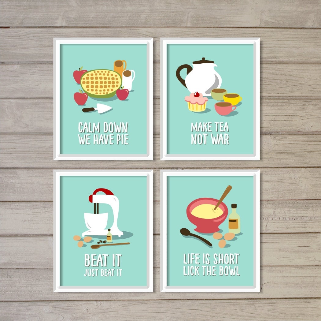 Funny Kitchen Printable Wall Art Prints Set Of 4 Turquoise