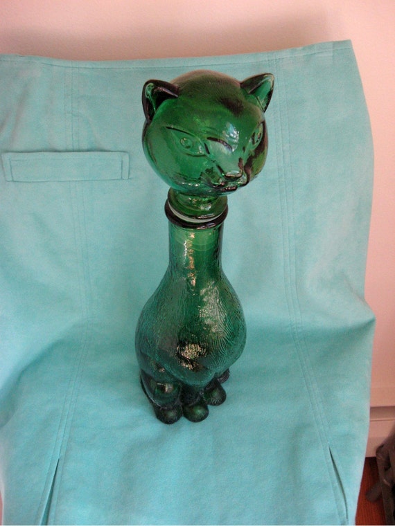 Green Glass Cat Bottle / Green Glass Liquor Novelty Bottle