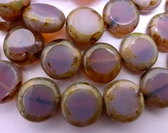 NEW COLOR 15 Czech Glass Flat Round Disc Beads in Cloudy Translucent Lavender Rose Opal with Picasso Edges Size 11mm