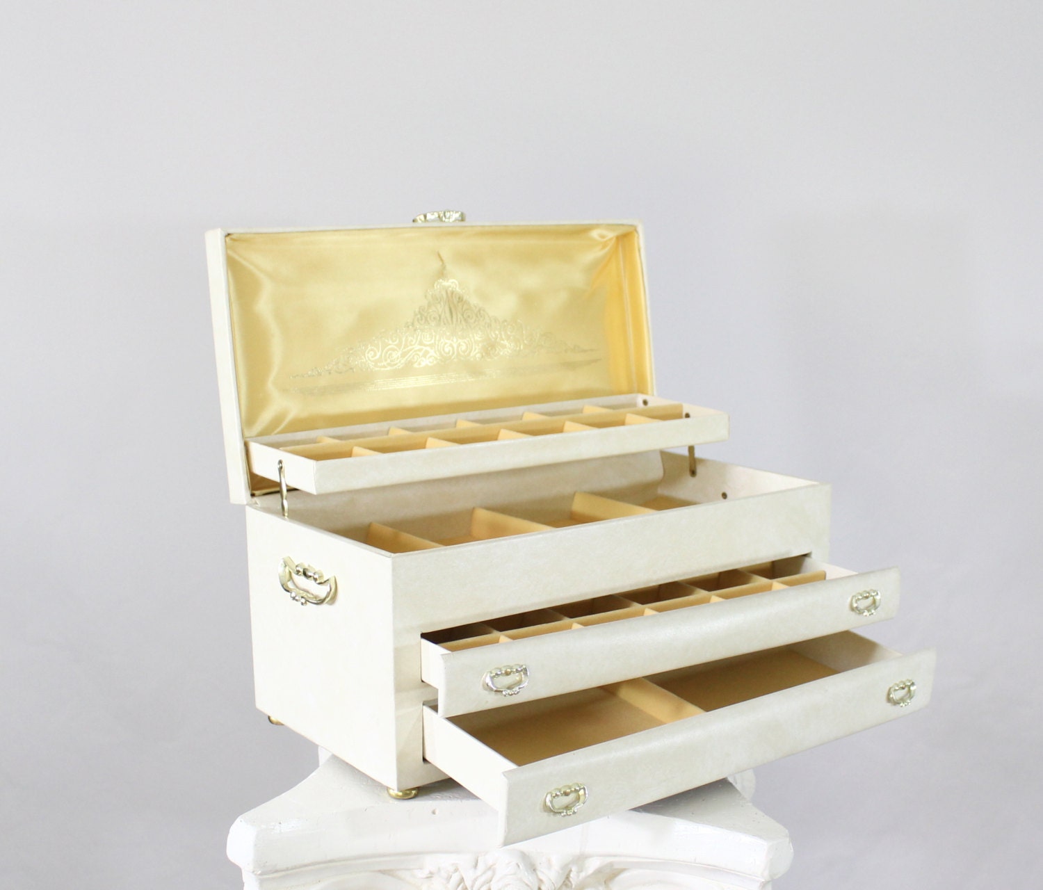 Vintage Large White Jewelry Box 1950s Mid Century Yellow