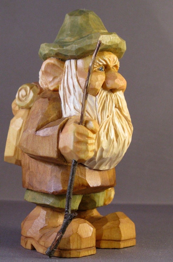 wood carving hiker backpack nordic statue