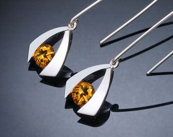 citrine earrings, citrine dangle earrings, silver earrings, November birthstone, yellow gemstones, Argentium silver, dangle earrings - 2424