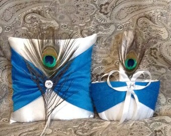 ring pillow and basket custom made ivory or white and turquise blue