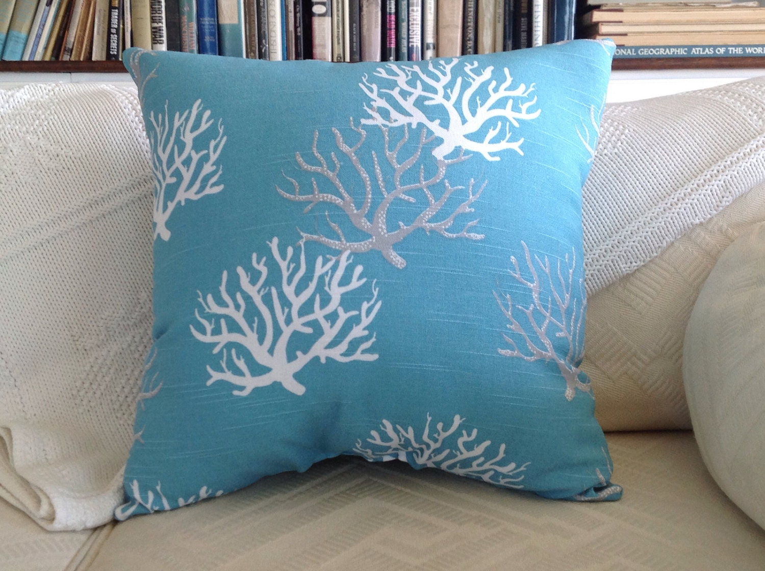Aqua Blue Coral Throw Pillow Sea Fan Pillow Beach House
